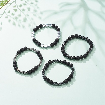 Conjunto de pulseras elásticas con cuentas de hematita sintética y roca de lava natural estilo 4 piezas 4, joyas de piedras preciosas de aceite esencial para mujeres