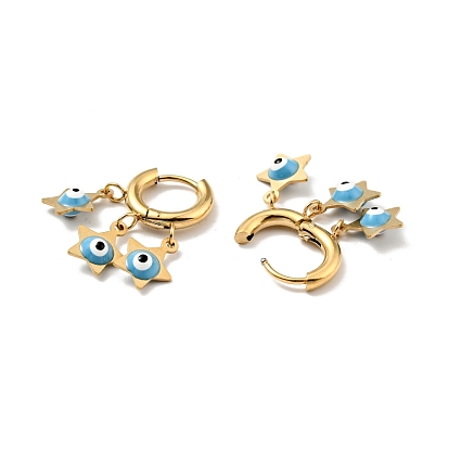 Enamel Star with Evil Eye Dangle Hoop Earrings, Gold Plated 304 Stainless Steel Jewelry for Women