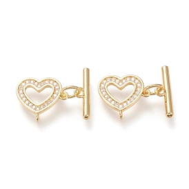 Brass Micro Pave Clear Cubic Zirconia Toggle Clasps, Long-Lasting Plated, Heart & Bar