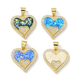Brass Micro Pave Cubic Zirconia Pendants, with Synthetic Opal, Long-Lasting Plated, Real 18K Gold Plated, Heart