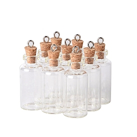 Glass Empty Wishing Bottle Pendants, with Wood Stopper and Iron Loops, Column