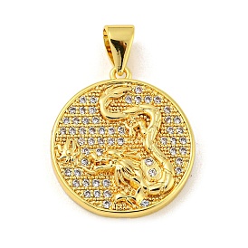 Real 18K Gold Plated Rack Plating Brass Micro Pave Cubic Zirconia Pendants, Long-Lasting Plated, Lead Free & Cadmium Free, Round with Dragon