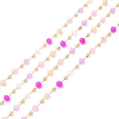 Faceted Rondelle Glass & Round 304 Stainless Steel Beaded Chains, with Light Gold 316 Surgical Stainless Steel Findings, Soldered