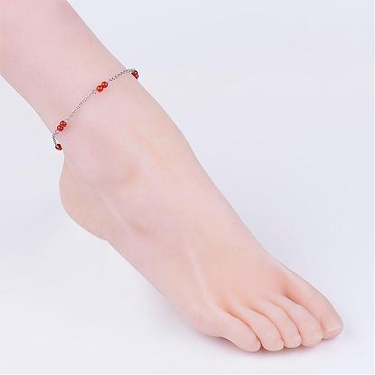 304 Stainless Steel Chain Anklets, with Gemstone Beads