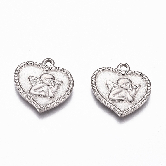 304 pendentifs en acier inoxydable d'ange, coeur avec cupidon / chérubin