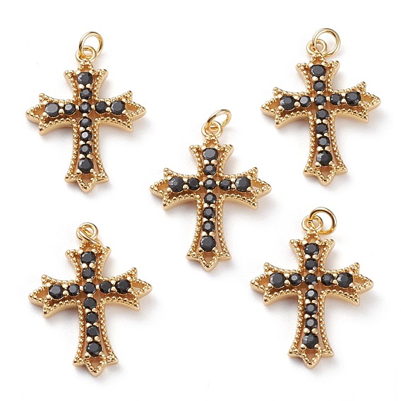 Pendentifs en laiton zircon cubique micro pavé noir, avec des anneaux de saut, croix grecque