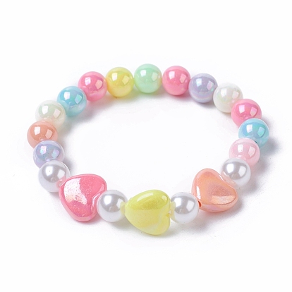 Kids Acrylic Beaded Stretch Bracelets, with Round Eco-Friendly Plastic Imitation Pearl and Heart AB Color Plated Opaque Acrylic