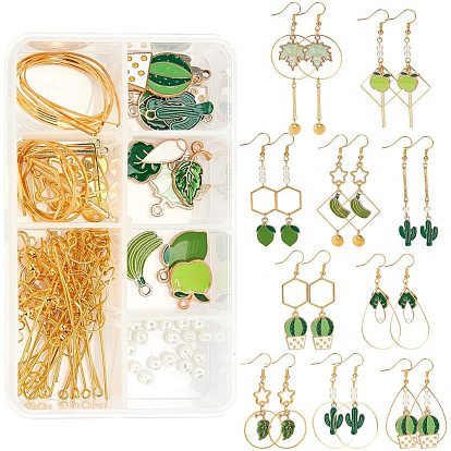Kits de fabricación de aretes verdes bricolaje sunnyclue, incluyendo colgantes y eslabones de aleación de esmalte, anillos de unión de latón y ganchos para pendientes, Cuentas de perlas de vidrio, pasador de hierro y anillos de salto