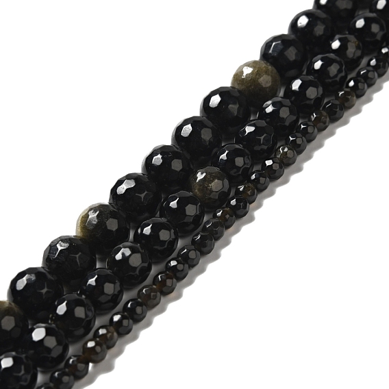 Natural Golden Sheen Obsidian Beads Strands, Round, Faceted