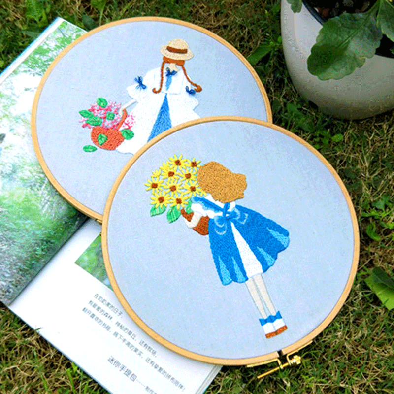 Kits de inicio de bordado con estampado de niña/flor, incluyendo tela e hilo de bordado, aguja, hoja de instrucciones