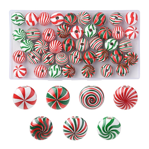 42 piezas 7 colores tema navideño impreso cuentas de madera natural, redonda con el patrón de vórtice