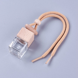 Glass Pendant Decorations, Empty Perfume Bottle, with Wooden Lid and Cotton Rope, Cube