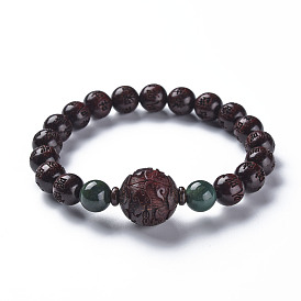 Sandalwood Mala Bead Bracelets, with Natural Jade Beads, Round Carved Om Mani Padme Hum, Buddhist Jewelry, Stretch Bracelets
