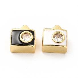 Brass Micro Pave Cubic Zirconia Beads, with Enamel, Cadmium Free & Lead Free, Real 18K Gold Plated, Camera