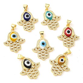 Brass Cubic Zirconia Pendants, with Lampwork, Real 18K Gold Plated, Hamsa Charm
