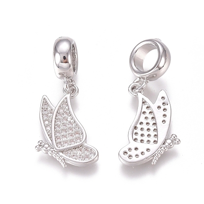 Brass Micro Pave Clear Cubic Zirconia European Dangle Charms, Large Hole Pendants, Butterfly