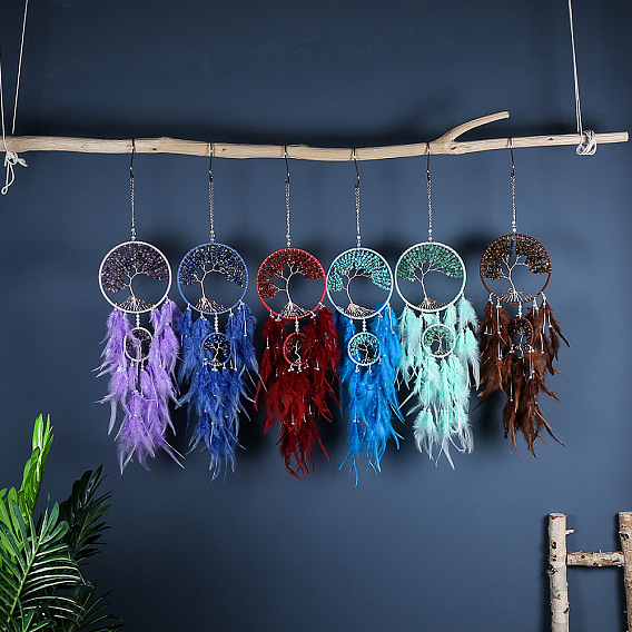 Retro Style Iron & Gemstone Pendant Hanging Decoration, Woven Net/Web with Feather Wall Hanging Wall Decor