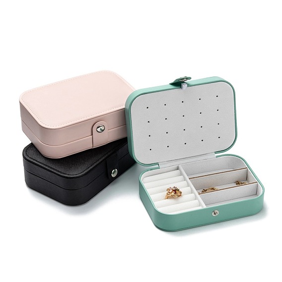 PU Leather Button Jewelry Boxes, Portable Jewelry Storage Case, for Ring Earrings Necklace, Rectangle