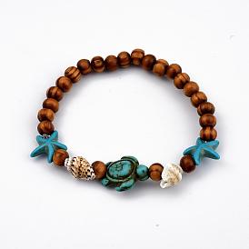 Round Wood Stretch Bracelets, with Dyed Synthetic Turquoise(Dyed) and Spiral Shell Beads, Tortoise and Starfish/Sea Stars