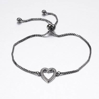 Bracelets bolo réglables en laiton, bracelets de slider, avec zircone et chaînes, cœur