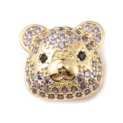 Brass Micro Pave Cubic Zirconia Beads, Long-Lasting Plated, Real 18K Gold Plated, Cadmium Free & Lead Free, Bear Head