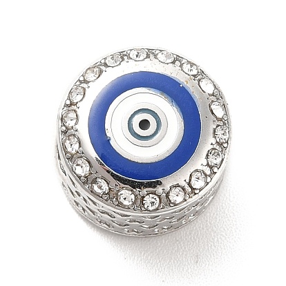 304 acier inoxydable perles européennes, avec de l'émail et strass, Perles avec un grand trou   , rond et plat avec des mauvais œil