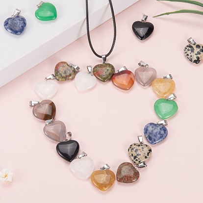 20Pcs 10 Style Heart Natural Gemstone Pendants, with Platinum Tone Brass Findings