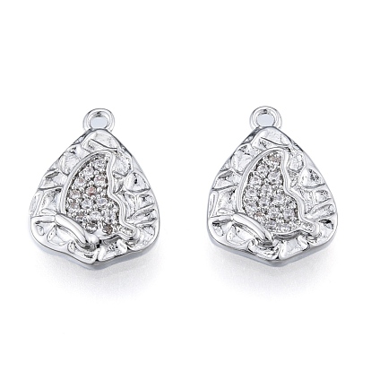 Brass Micro Pave Clear Cubic Zirconia Charms, Cadmium Free & Nickel Free & Lead Free, Textured, Teardrop with Butterfly
