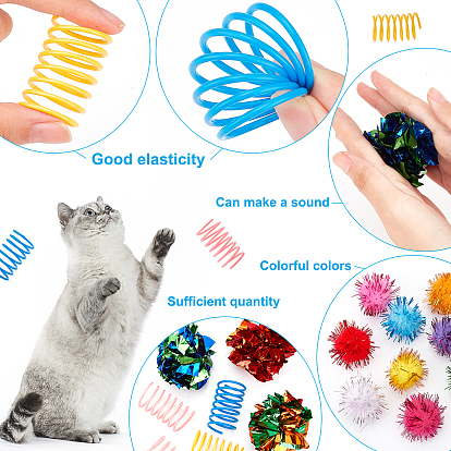Kit de suministros de juguetes para gatos chgcraft, incluyendo resorte de plástico 8pcs, 12 piezas de bolas de arrugas aluminizadoras de plástico para mascotas, 50 bolas de pompones hechas a mano