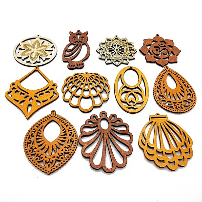 Hollow Wood Big Pendants, for Jewelry Making, Teardrop/Rhombus/Leaf/Flower/Fan/Half Round/Shell/Round/Owl/Diamon Shape