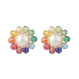 Shell Pearl & Glass Beaded Sun Stud Earrings, 304 Stainless Steel Wire Wrap Jewelry for Women