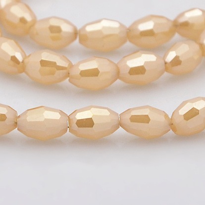 Pearl Luster Plated Glass Faceted Rice Beads Strands, 6x4mm, Hole: 1mm, about 72pcs/strand, 16 inch