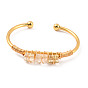 Natural Gemstone Triple Column Beaded Open Cuff Bangle, Wire Wrape Brass Jewelry for Women, Golden