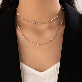Double-layered Pearl Necklace with Geometric Multi-chain Design - Minimalist Luxury Jewelry