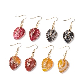 4 Pairs 4 Color Natural Dyed Banded Agate/Striped Agate Teardrop Dangle Earrings, Brass Wire Wrap Drop Earrings for Women