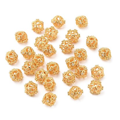 Brass Micro Pave Clear Cubic Zirconia Beads, Hollow, Round with Clover
