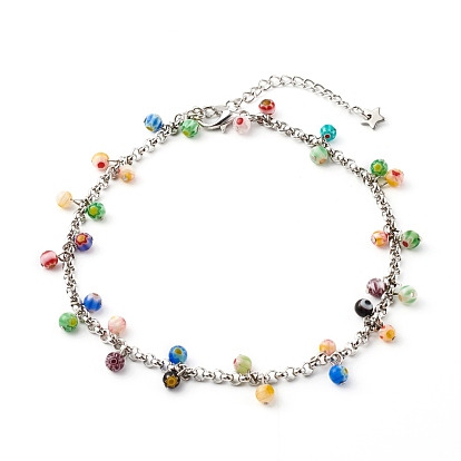 Millefiori Glass Charm Anklets, with 304 Stainless Steel Rolo Chains, Round, Colorful