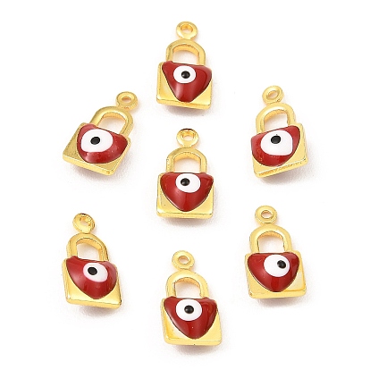 Brass Enamel Charms, Real 18K Gold Plated, Long-Lasting Plated, Lead Free & Cadmium Free, Lock with Evil Eye Charm
