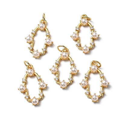 Colgantes de perlas de imitación de plástico, con accesorios de circonita cúbica micro pavé de latón chapado en rejilla, sin plomo y cadmio, larga duración plateado, rombo