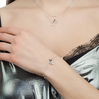 Браслеты из стерлингового серебра с родиевым покрытием 925 в форме птицы, браслеты из ракушек с жемчугом и кабельными цепочками для женщин