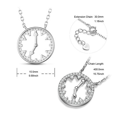 SHEGRACE 925 Sterling Silver Pendant Necklaces, with Grade AAA Cubic Zirconia, with 925 Stamp, Clock