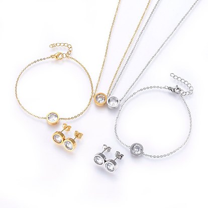 304 Stainless Steel Jewelry Sets, Pendant Necklaces & Stud Earrings & Bracelets, with Cubic Zirconia, Flat Round
