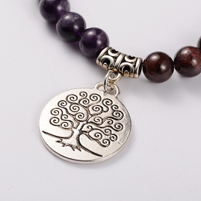 Natural Gemstone Stretch Charm Bracelets, with Tibetan Style Tree of Life Pendant, Antique Silver