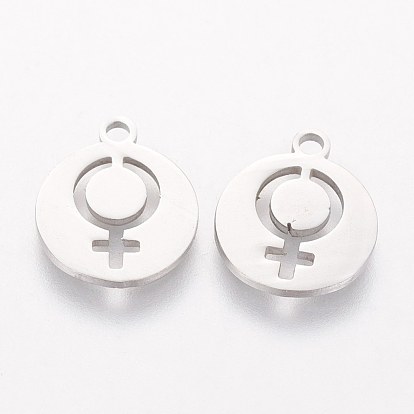 201 Stainless Steel Charms, Flat Round with Female Gender Sign