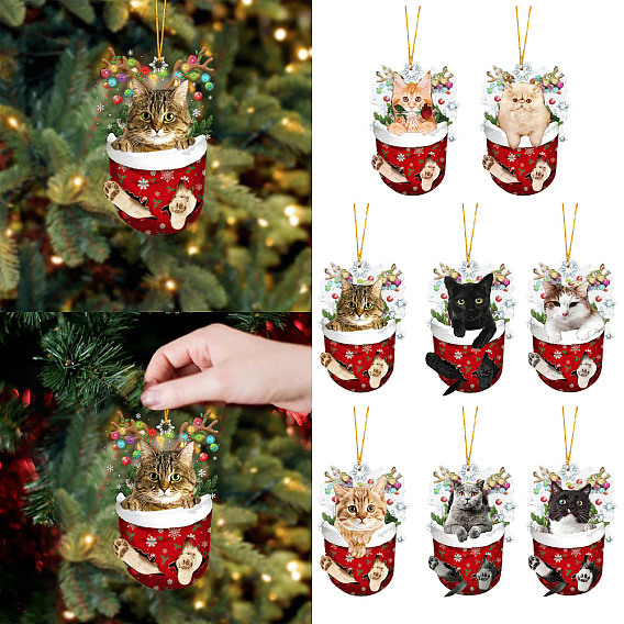 Кот в рождественских чулках с украшениями, Акриловый котенок, подвесной орнамент для рождественской елки, украшения для домашней вечеринки