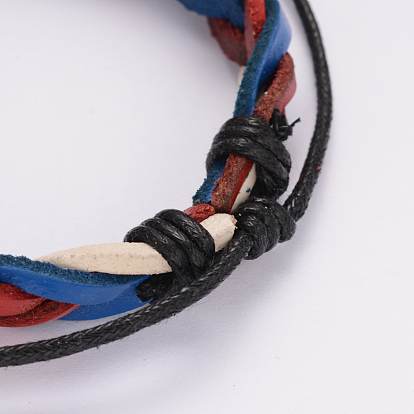 Adjustable Braided Leather Cord Bracelets, with Waxed Cord, 64mm