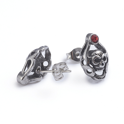 Retro 304 Stainless Steel Stud Earrings, with Cubic Zirconia and Ear Nuts, Skull, Red