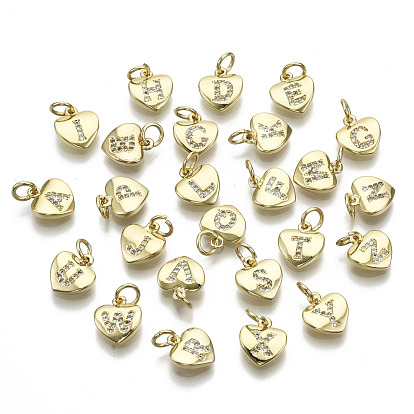 Breloques en laiton zircon cubique transparent, avec anneau de saut, coeur avec la lettre, réel 16 k plaqué or, sans nickel