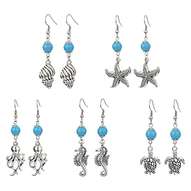 Boucles d'oreilles pendantes en alliage sur le thème de l'océan avec perles turquoise synthétiques