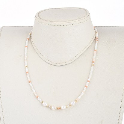 Colliers de perles, avec des perles en laiton, Des billes de verre, perles de perles naturelles et 304 fermoirs à pince de homard en acier inoxydable, or